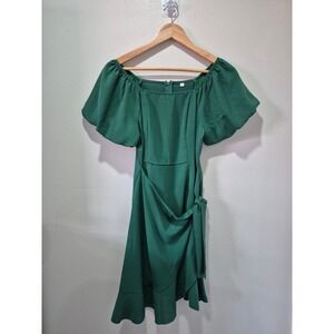 Green Dress Flutter Sleeve Square‎ Neck Tie Waist Ruffle Hem Mini